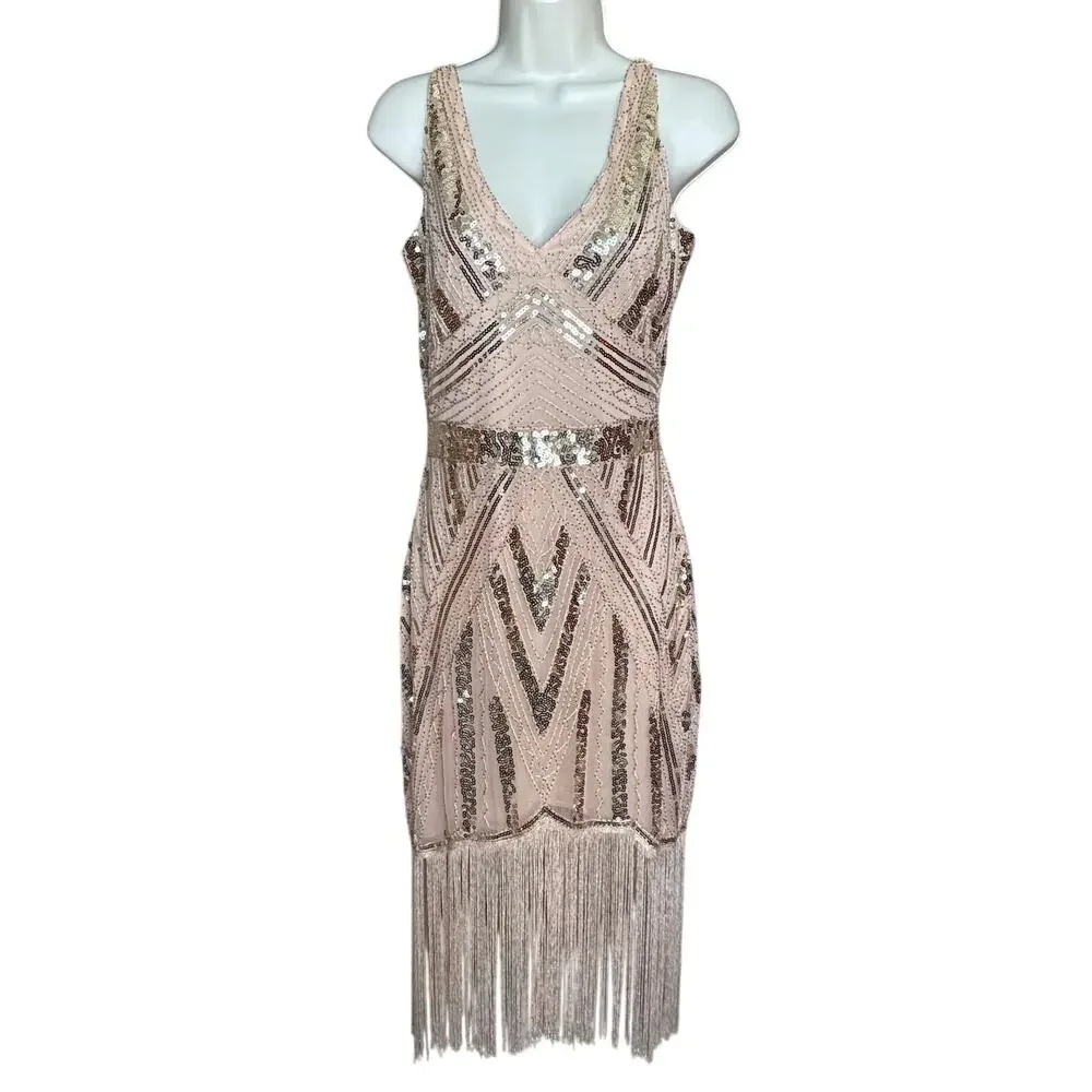 Unique Vintage Blush Pink Sequin Fringe V Neck Flapper Dress M NWOT - Picture 1 of 8